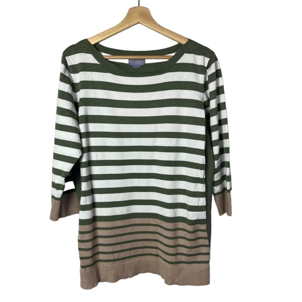 Laura‎ Scott Green & White Stripe Knit 3/4 Long Sleeve 2X